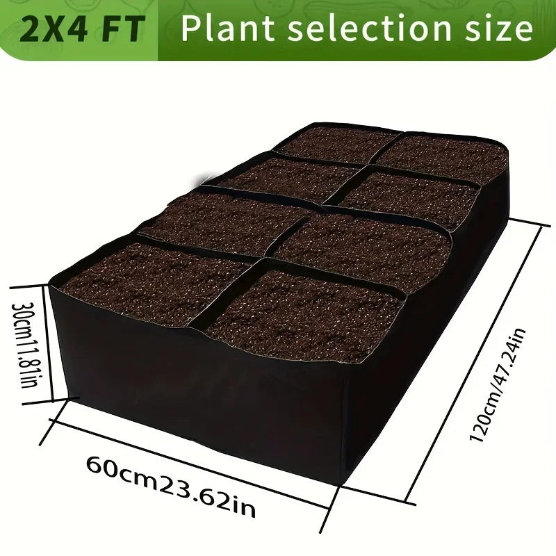 A black 2x4 foot plant selection size elevated garden bed with an 8-grid design.
