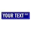 A rectangular blue street sign with the text YOUR TEXT in white capital letters.