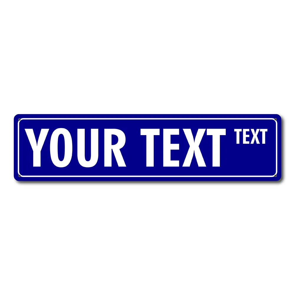 A rectangular blue street sign with the text YOUR TEXT in white capital letters.