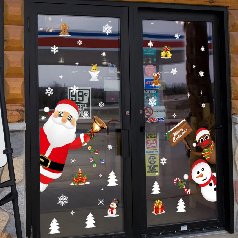 A set of festive Christmas window stickers featuring a snowman, deer, and Santa Claus on glass doors.