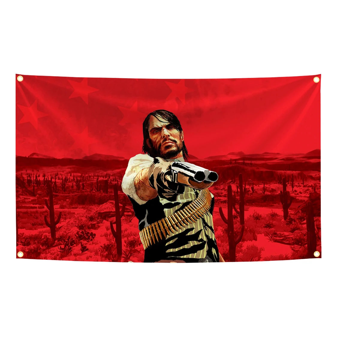 A dramatic illustration of a rugged man in a western outfit against a red background.