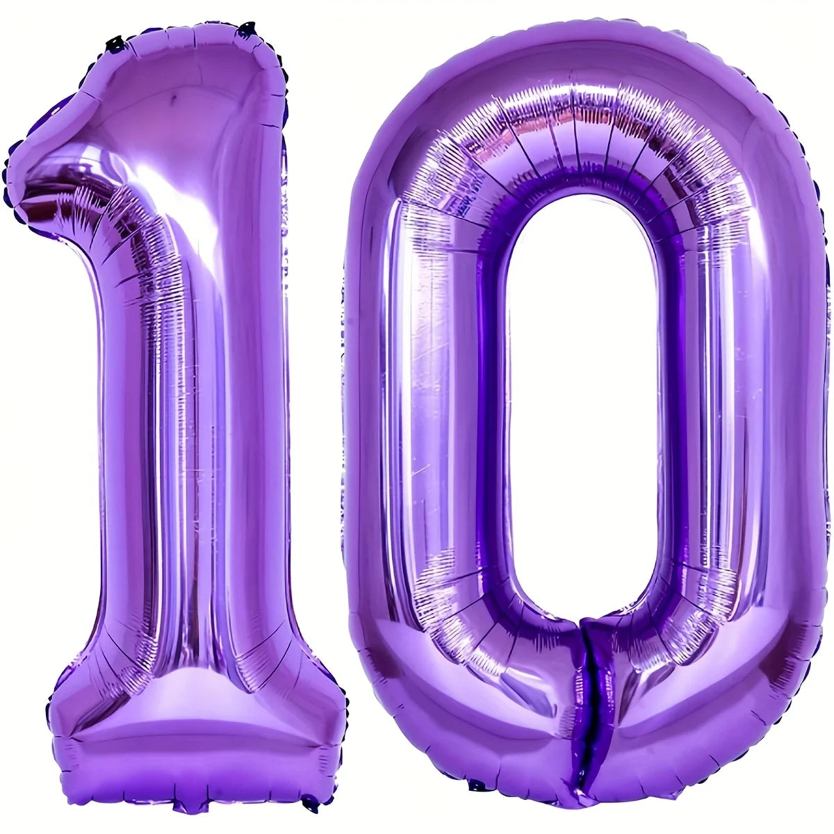 A purple foil number balloon shaped like the number 10.