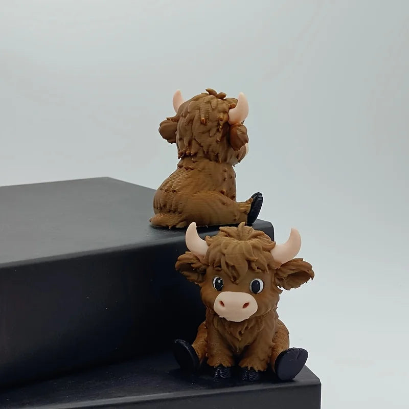 A small, brown statue of a Highland cow with horns sitting on a dark surface.
