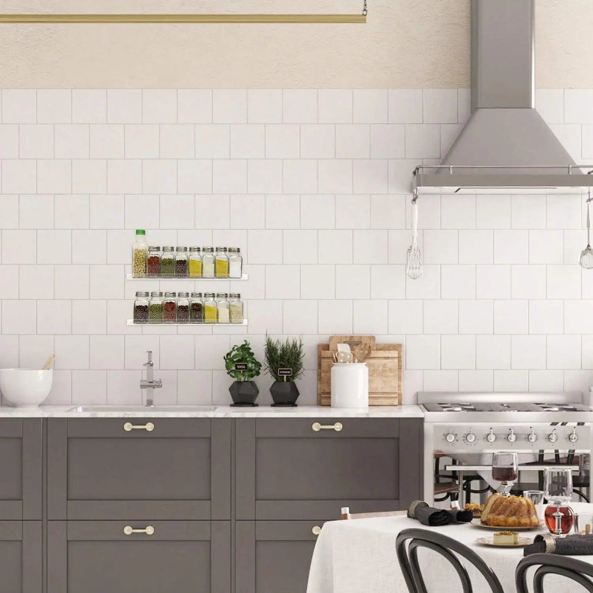 A kitchen setup featuring a clear acrylic floating storage rack set mounted on a white subway tile backsplash.