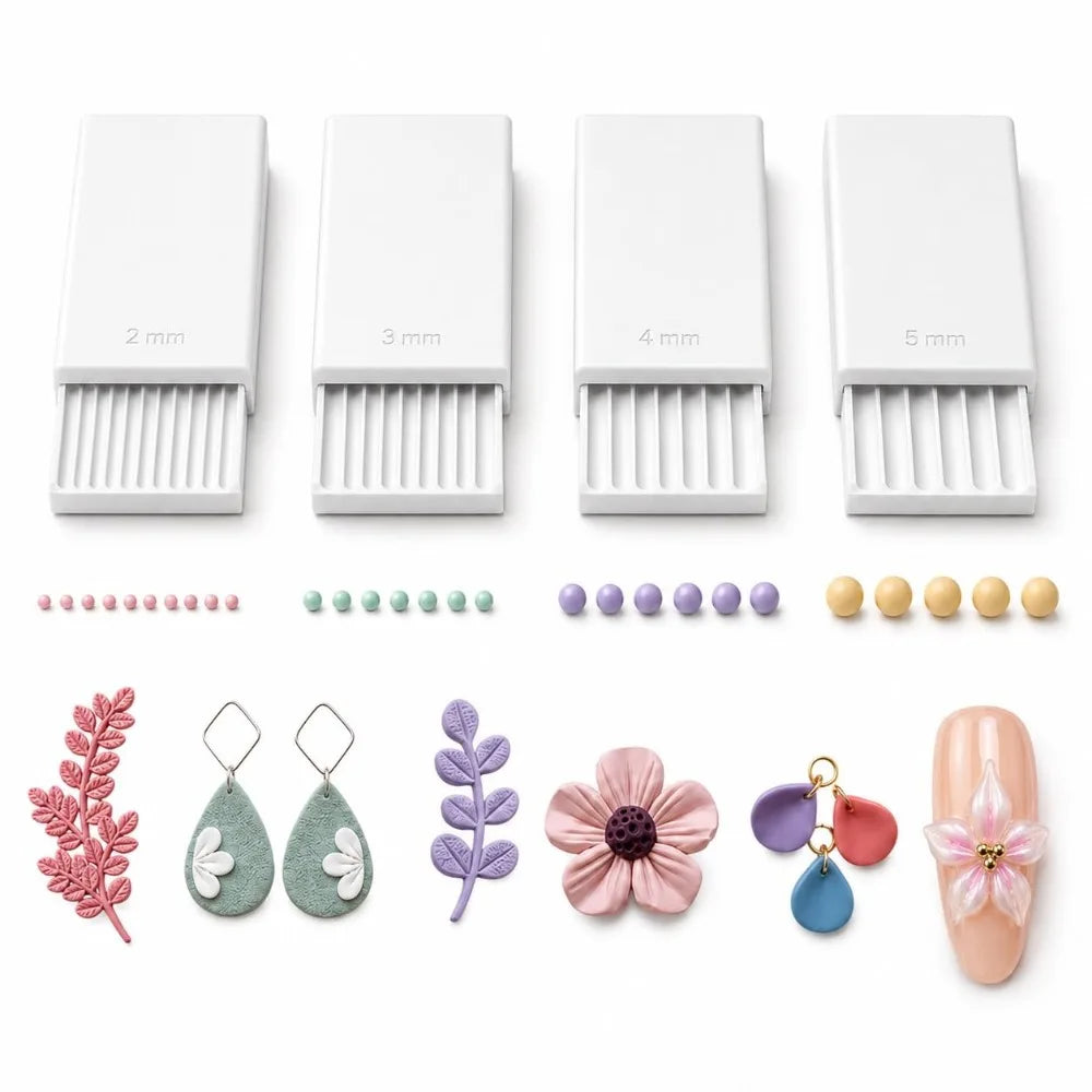 A set of precision clay bead rollers in various sizes, including 2 mm to 5 mm, and decorative beads.