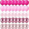 A pack of shimmering pink latex balloons in various shades, including bright pink and soft pink.