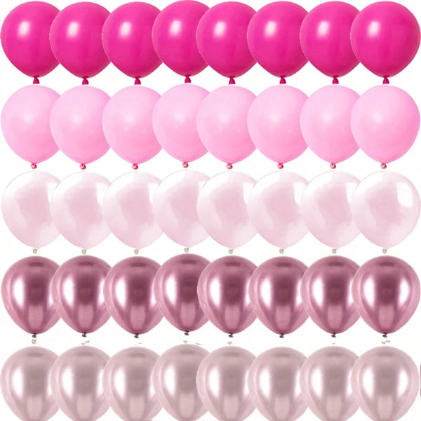 A pack of shimmering pink latex balloons in various shades, including bright pink and soft pink.