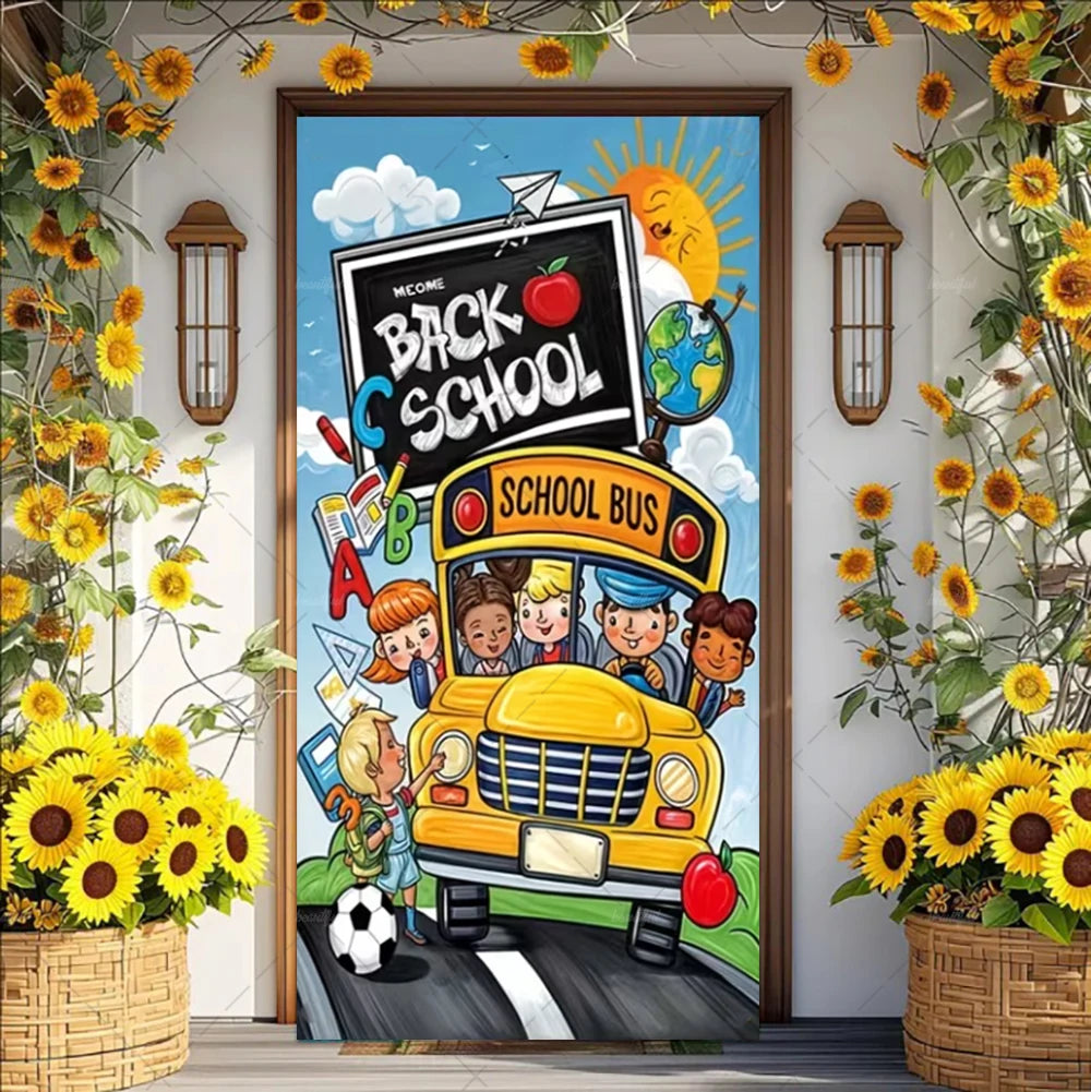 A colorful vinyl backdrop banner featuring a school bus and classroom elements for an event.