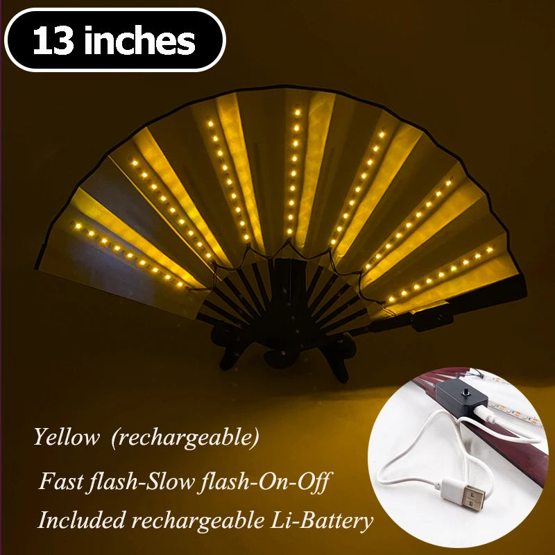 A yellow multi-mode LED party fan with a pleated design shown open against a dark background.
