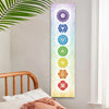 Vertical tapestry featuring nine chakra symbols in various colors for spiritual decor