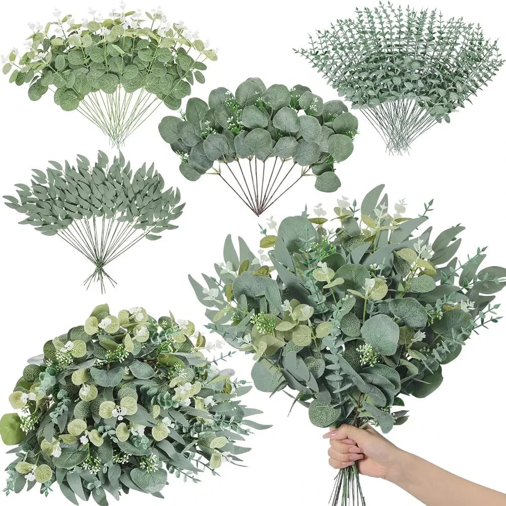A collection of artificial eucalyptus leaf stems in various shades of green and silver-green, displayed as bouquets.