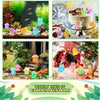 A collection of colorful resin animal figurines, including frogs, birds, and other creatures, displayed in various natural an