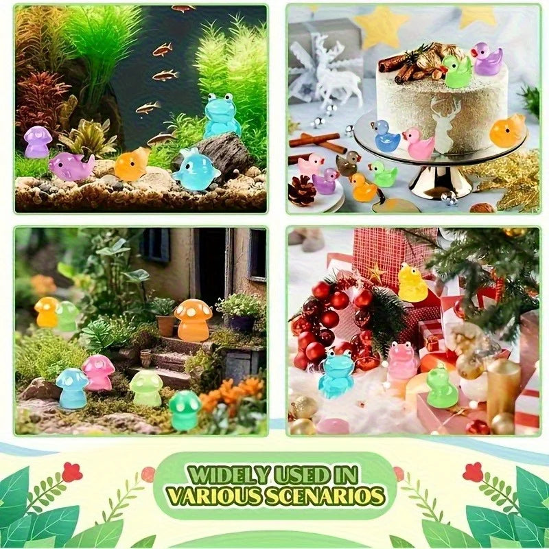 A collection of colorful resin animal figurines, including frogs, birds, and other creatures, displayed in various natural an
