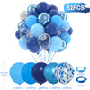 A bunch of 52 balloons in various shades of blue and silver with confetti accents, packaged for party decor.