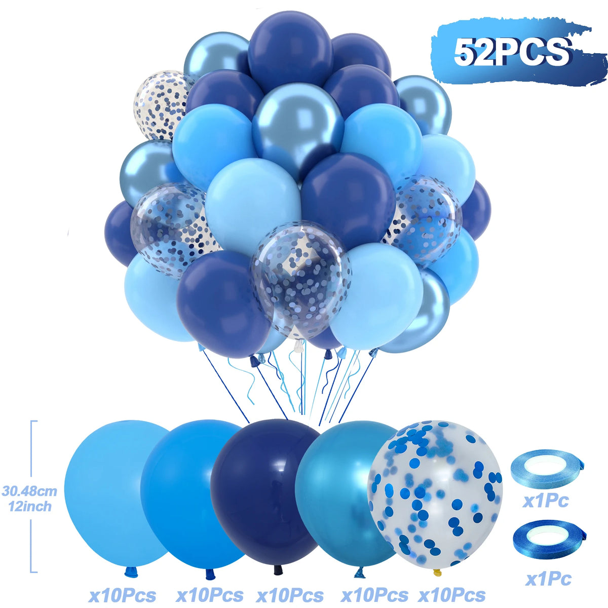 A bunch of 52 balloons in various shades of blue and silver with confetti accents, packaged for party decor.