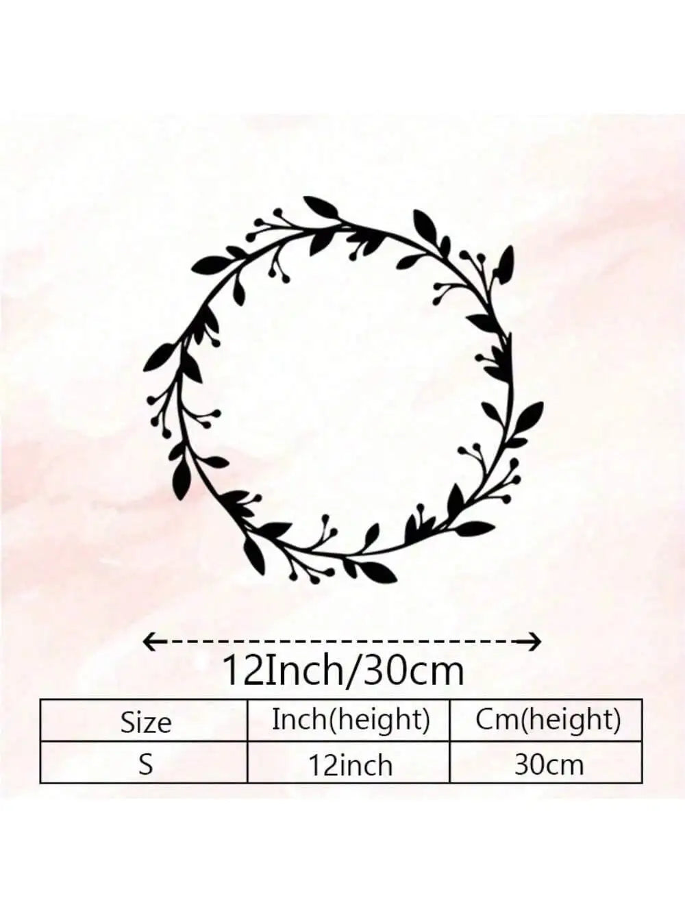 Black metal wreath for wall decor with size specifications showing 12 inch or 30 cm height.