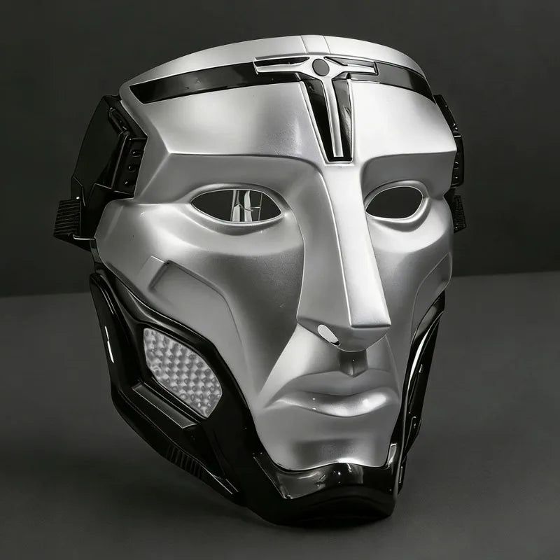 A silver and black tactical warden cosplay mask with a metallic finish.
