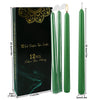 A package of 12 green drip-less taper candles, 10 inches long, for decorating a home.