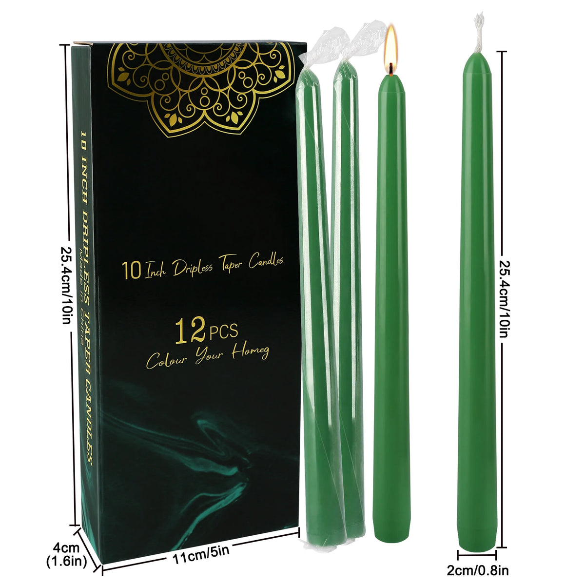 A package of 12 green drip-less taper candles, 10 inches long, for decorating a home.