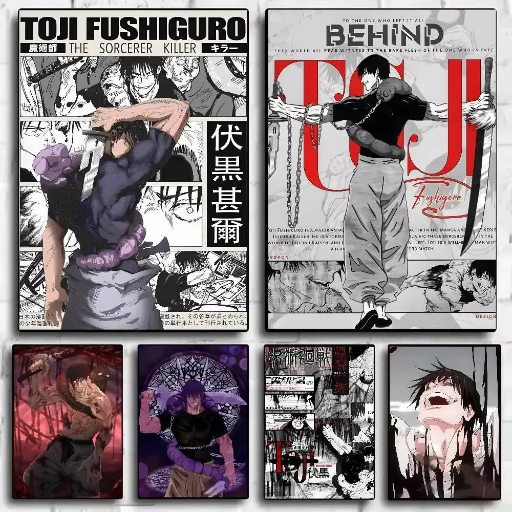 A collection of anime art posters featuring the character Toji Fushiguro in various poses and scenes.