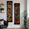 Black flame serpent vertical tapestry wall hanging featuring vibrant orange and green colors