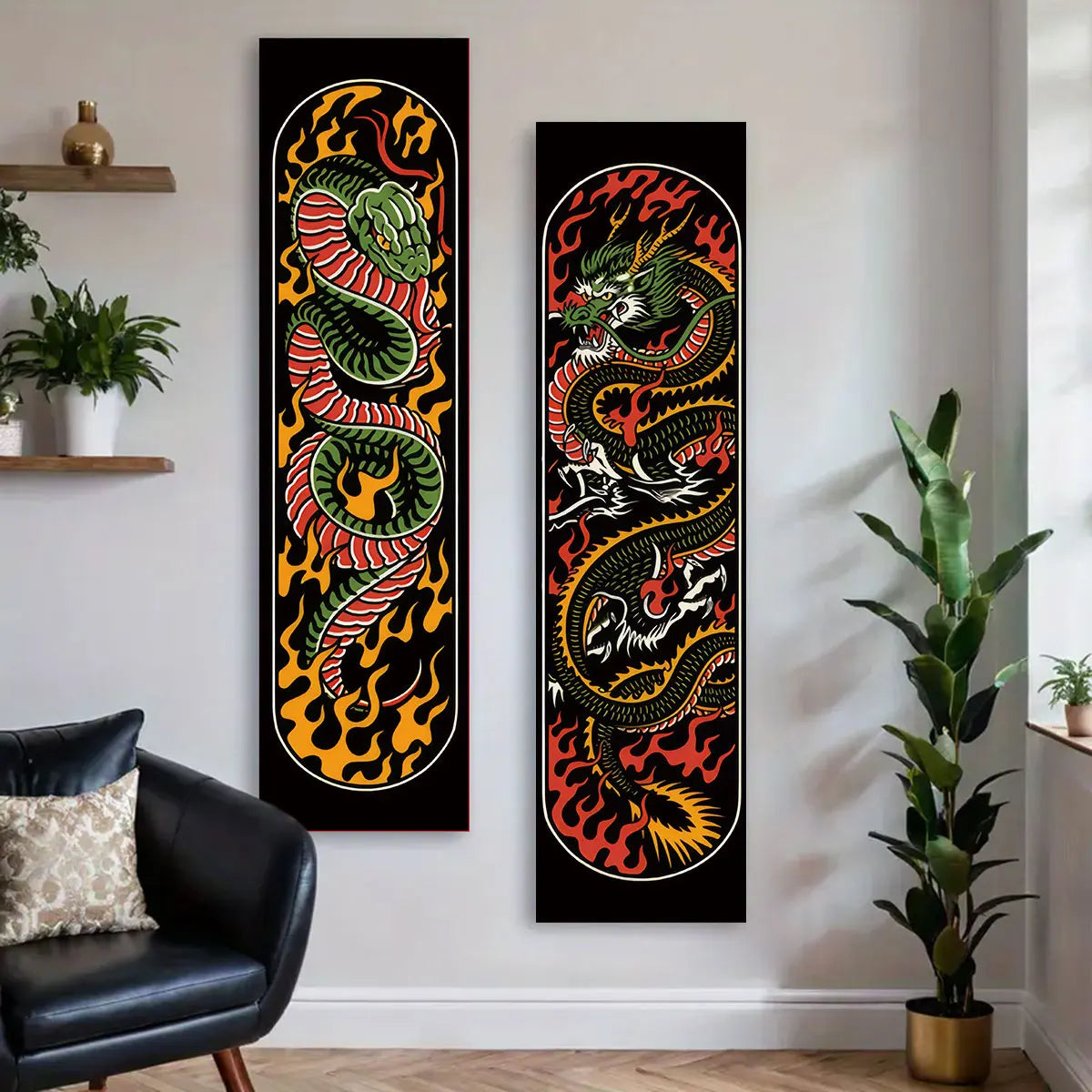 Black flame serpent vertical tapestry wall hanging featuring vibrant orange and green colors