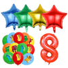 A set of colorful foil balloons including blue, green, yellow, and red stars and an orange number eight balloon.