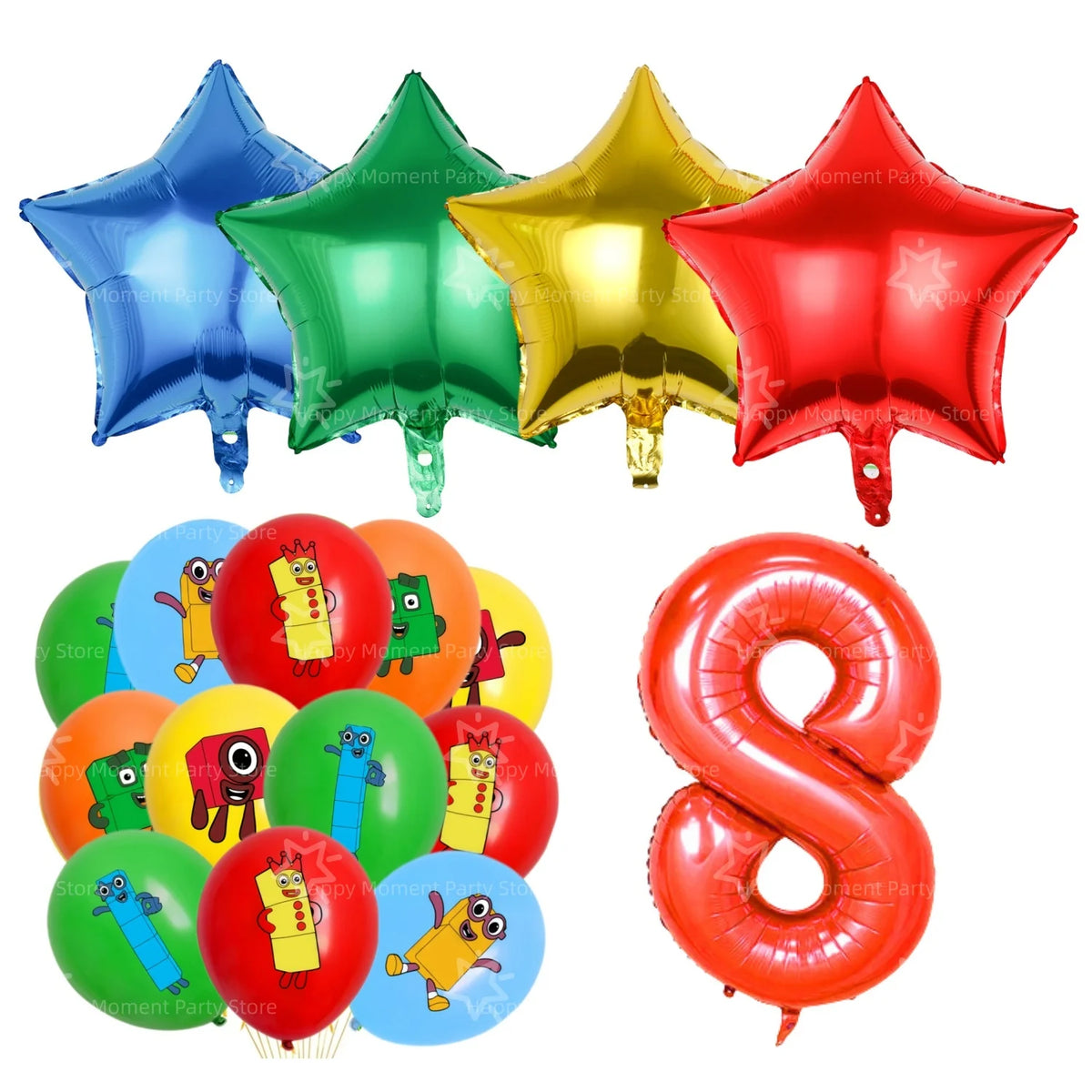A set of colorful foil balloons including blue, green, yellow, and red stars and an orange number eight balloon.