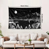 A black tapestry depicting a starry night landscape with mountains and water.