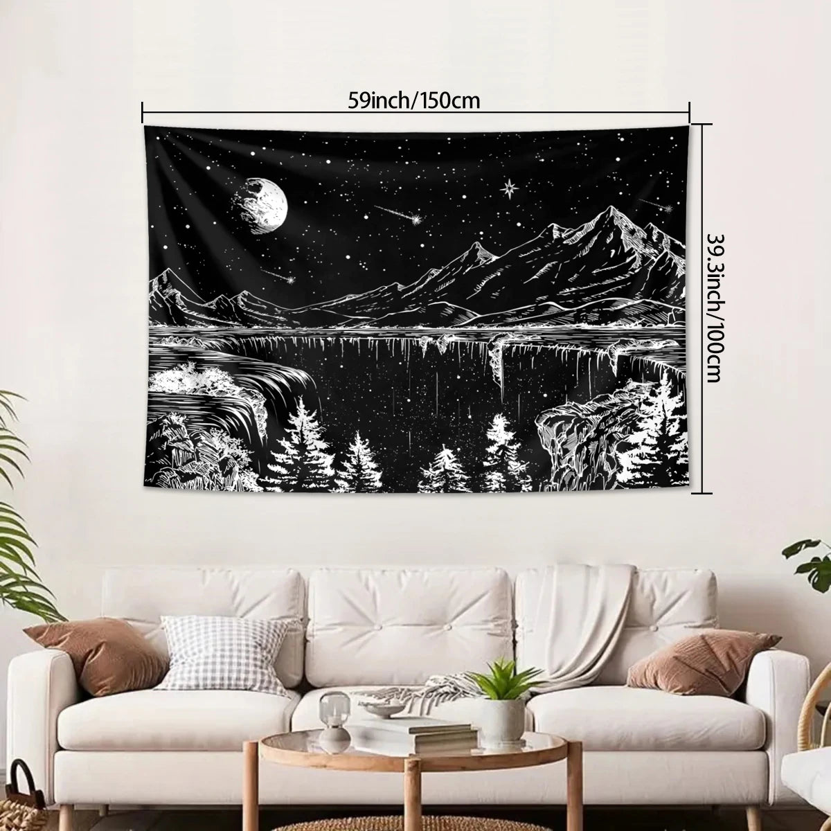 A black tapestry depicting a starry night landscape with mountains and water.