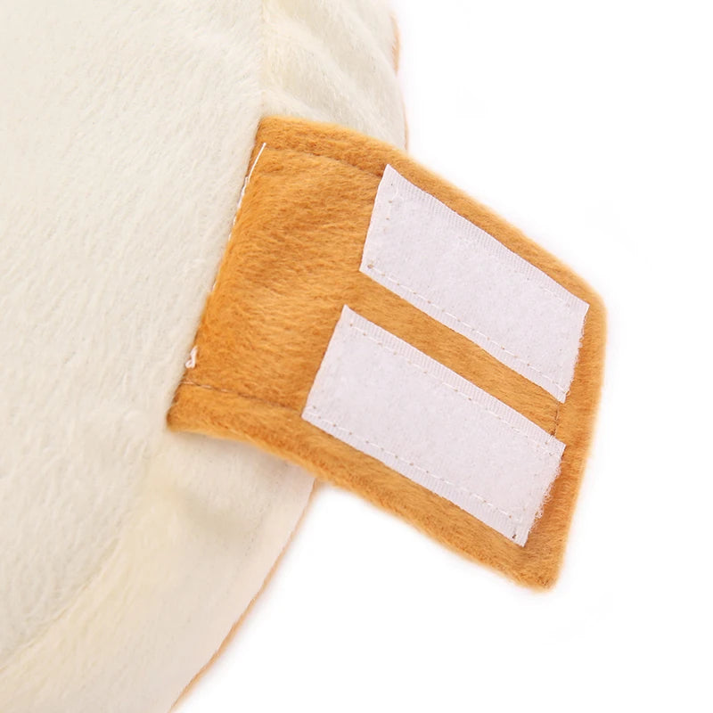 A close-up of a classic hot dog costume for dogs featuring an orange fabric band with white stripes.