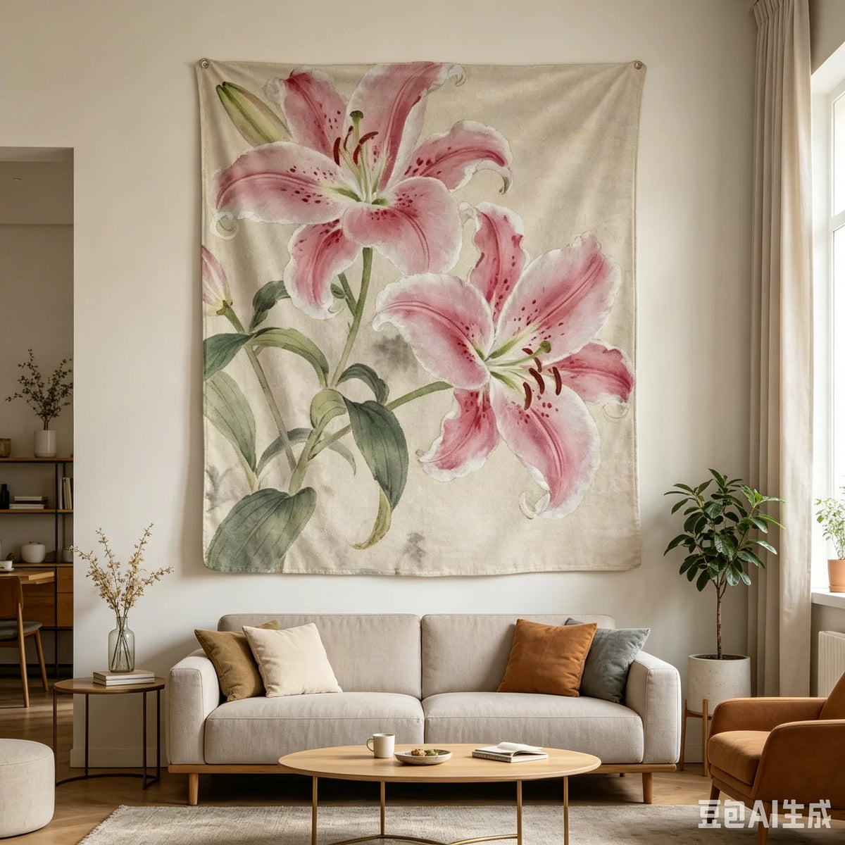 A large pink lily tapestry featuring elegant floral designs hanging on a light-colored wall.