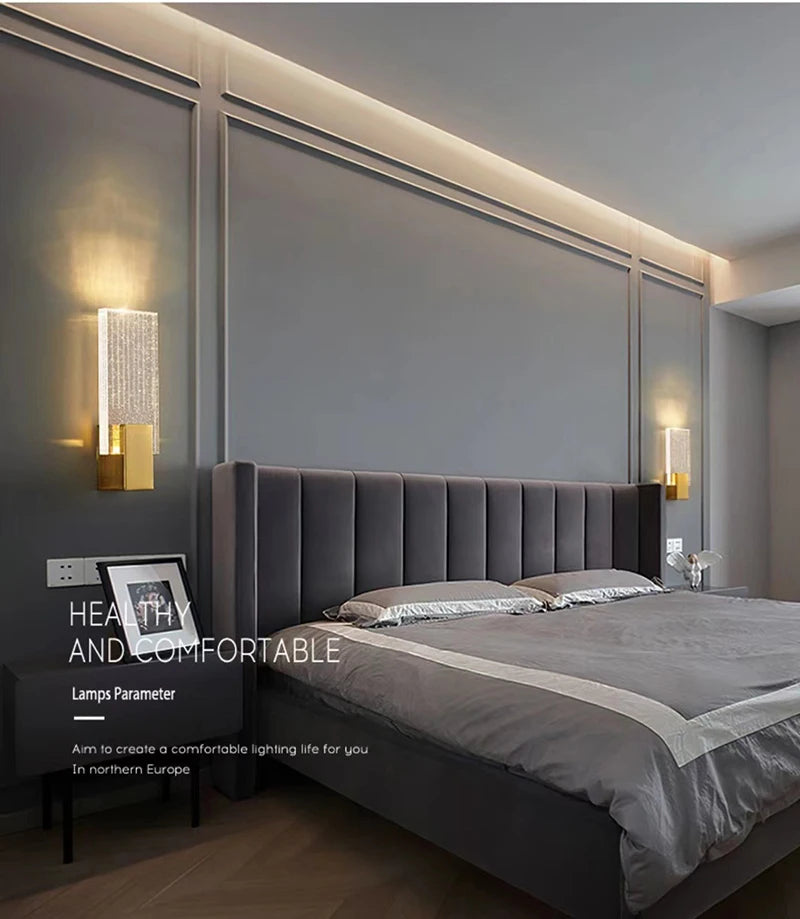 Modern bubble crystal LED wall sconces illuminating a gray upholstered bed and modern bedroom wall.