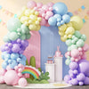 A colorful balloon arch display featuring pastel rainbow latex balloons in pink, blue, and yellow tones.