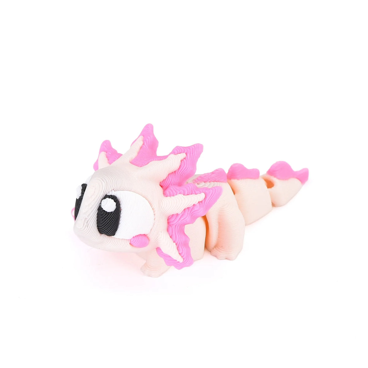 A pink and white articulated 3D animal figurine with spiky features.