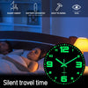 A green glow-in-the-dark wooden wall clock is shown on a bedside table next to a person sleeping.