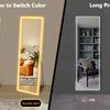 Full-length LED floor mirror demonstrating white, warm white, and yellow light options for color switching and brightness adj