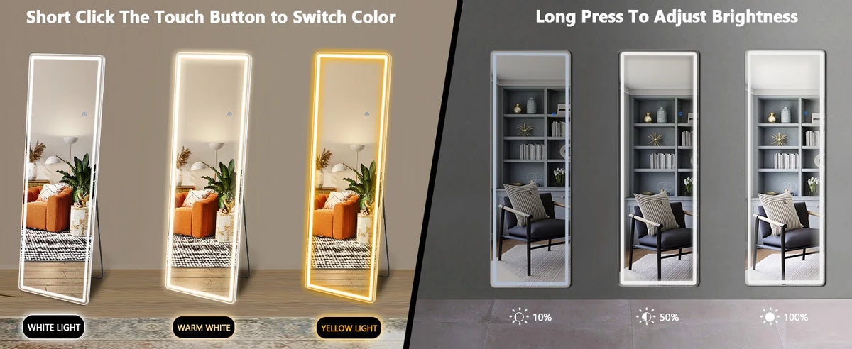Full-length LED floor mirror demonstrating white, warm white, and yellow light options for color switching and brightness adj