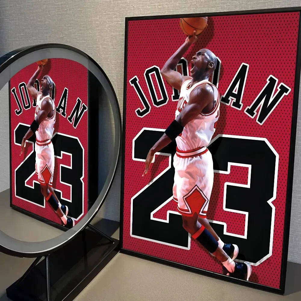 Canvas wall art featuring a basketball player in a white jersey with red accents against a red background.