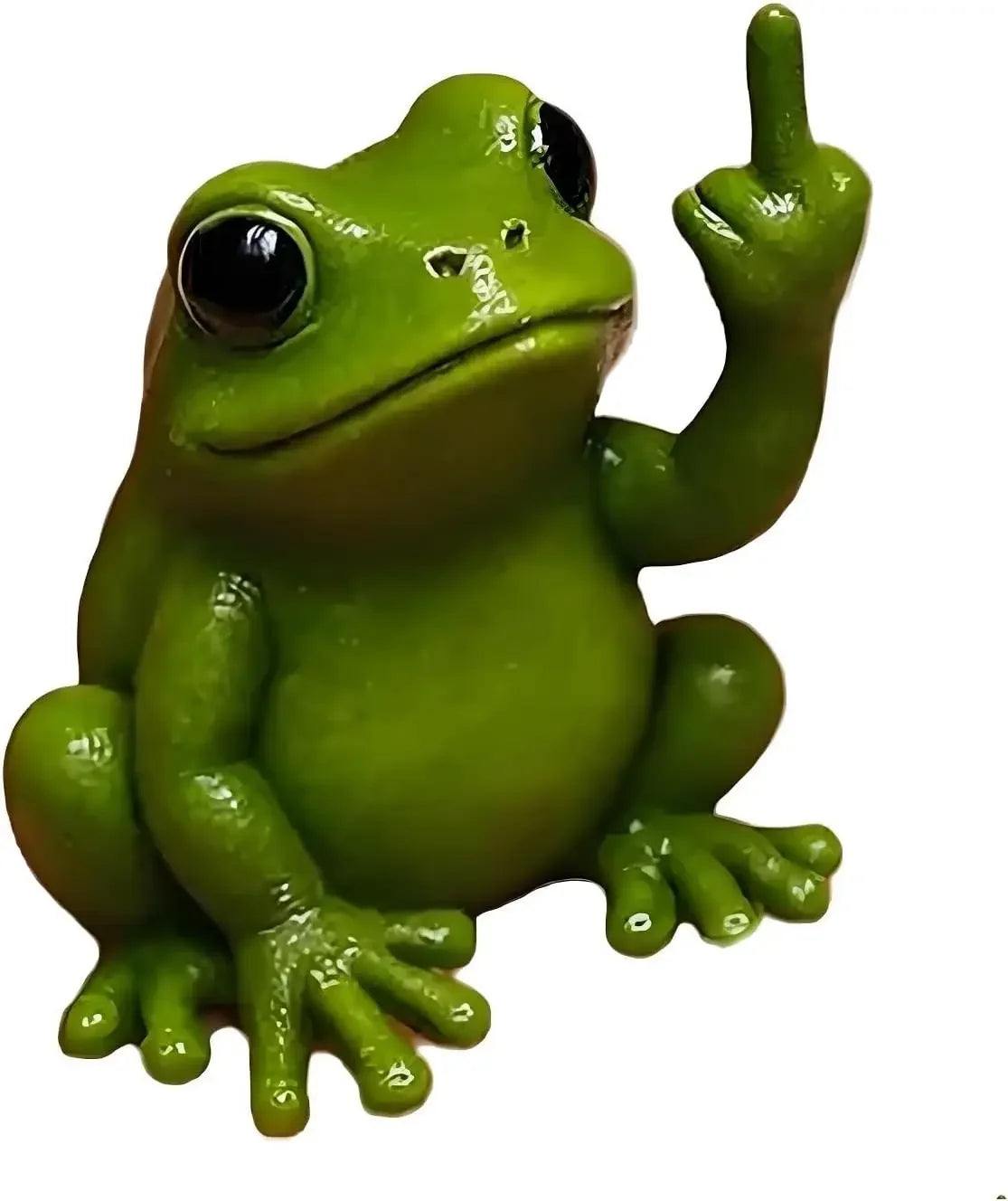 A bright green resin statue of a frog with an extended finger.