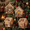 A festive Christmas wreath decorated with three miniature wooden cabin houses made of diamond painting.