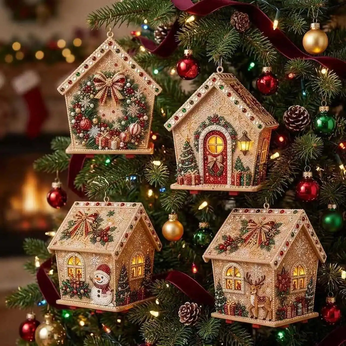 A festive Christmas wreath decorated with three miniature wooden cabin houses made of diamond painting.