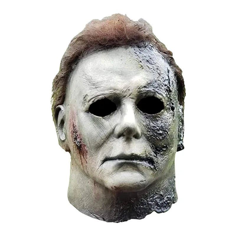A realistic horror mask resembling Michael Myers, featuring pale skin and distressed texture.