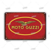 Vintage red metal sign with a yellow oval featuring a golden winged motorcycle emblem and the text MOTO GUZZI