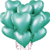 A cluster of teal heart-shaped foil balloons tied together with pink ribbons.