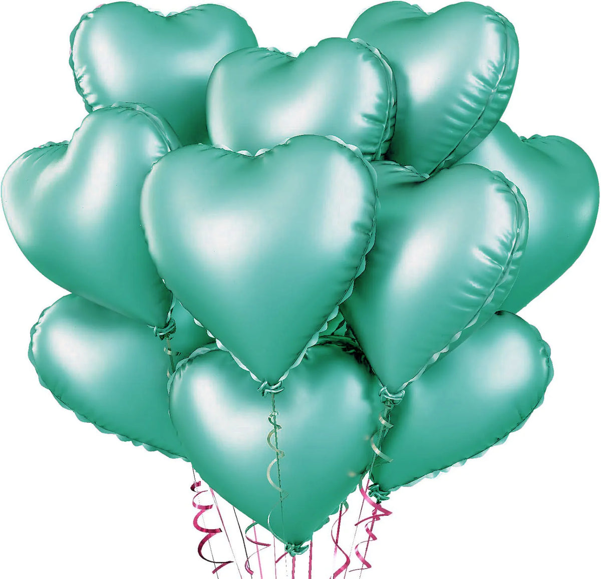 A cluster of teal heart-shaped foil balloons tied together with pink ribbons.