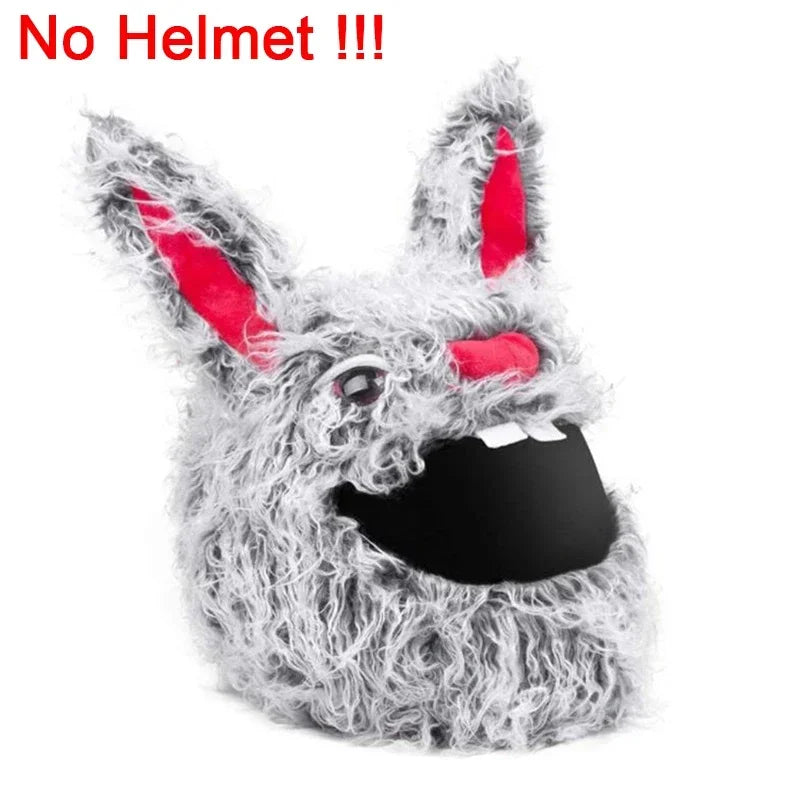 A gray, fuzzy cartoon plush toy resembling a rabbit with red ears and an open mouth.