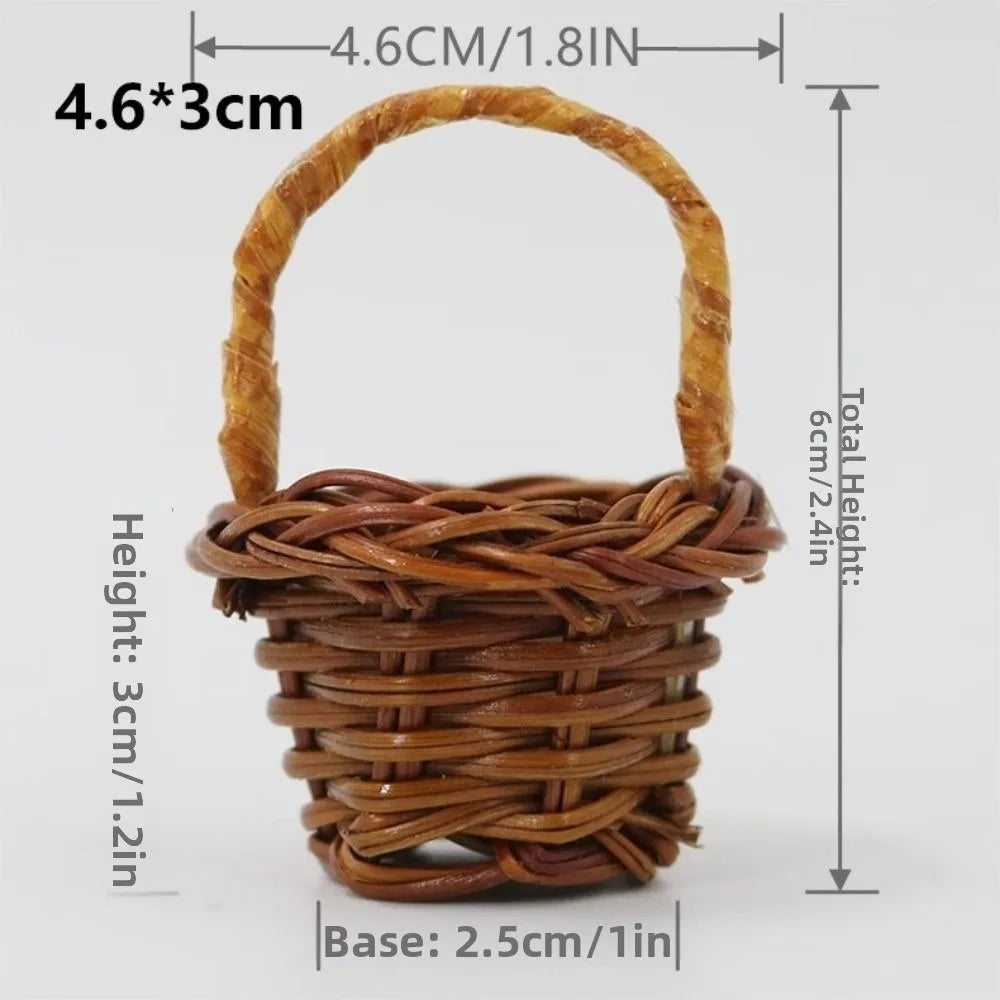 Handwoven rattan storage basket with handles, measuring 4.6cm long and 3cm high.