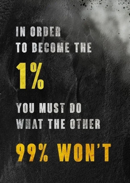 A black background with yellow text that reads In order to become the 1% you must do what the other 99% won't