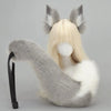 A light blonde wig with gray faux fur fox ears and a matching gray and white faux fur tail costume.